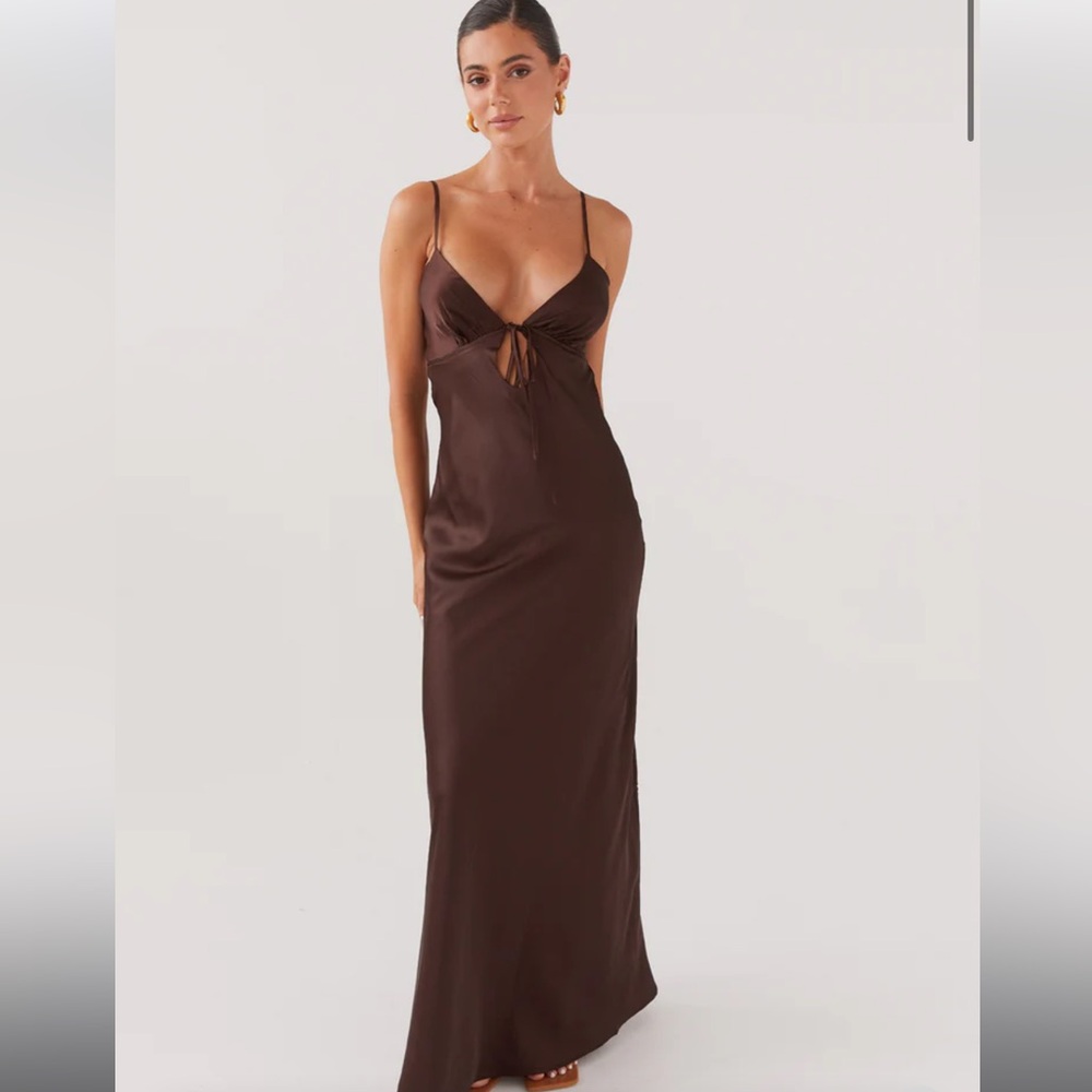 Peppermayo Chocolate Brown Satin Maxi Dress